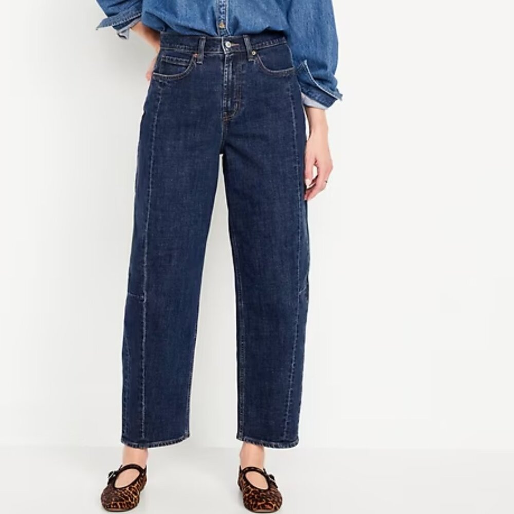 OLD NAVY HIGH-RISE BARREL LEG CROPPED JEANS DENIM PANTS SEAMED STRETCH 10 Short